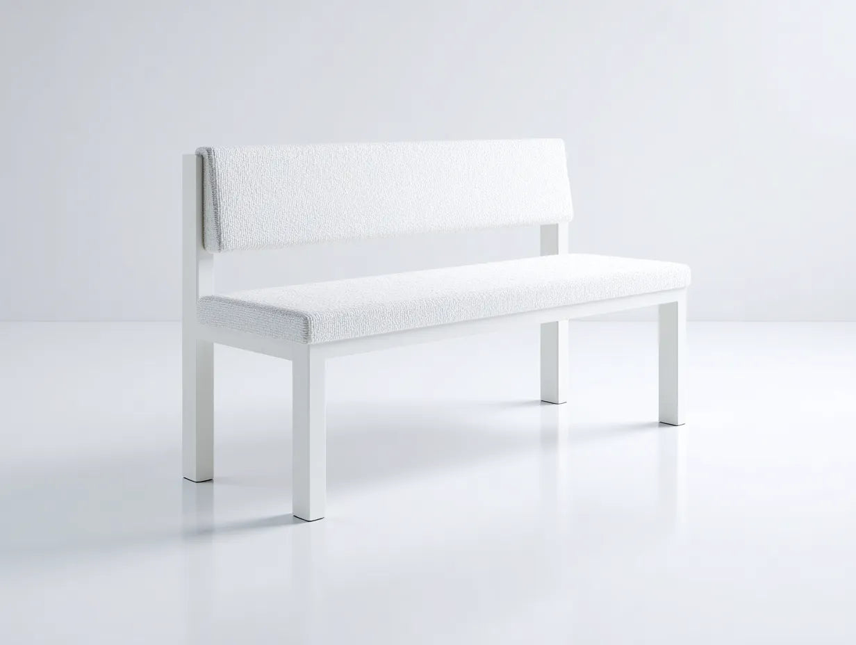 Sitzbank 120x55x82 cm - Bouclé-Bezug und Gestell in Weiß - mit Rückenlehne - modernes Design