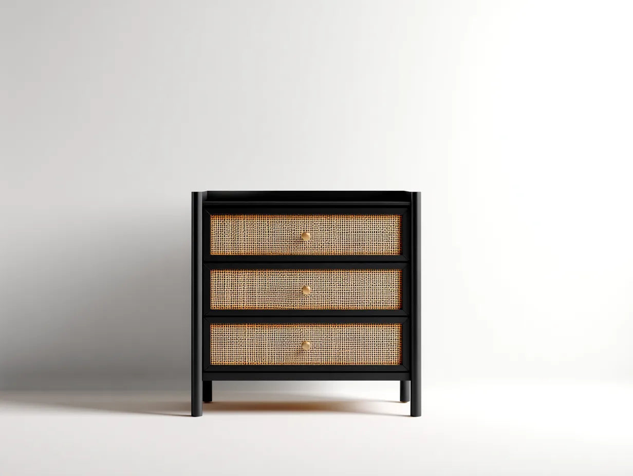 Kommode 80x40x85 cm - Schwarz mit Rattangeflecht - 3 Schubladen - modernes Design für das Schlafzimmer