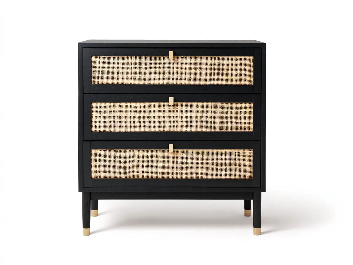 Kommode 78x40x82 cm - Schwarz mit Rattangeflecht - 3 Schubladen - modernes Design für das Schlafzimmer