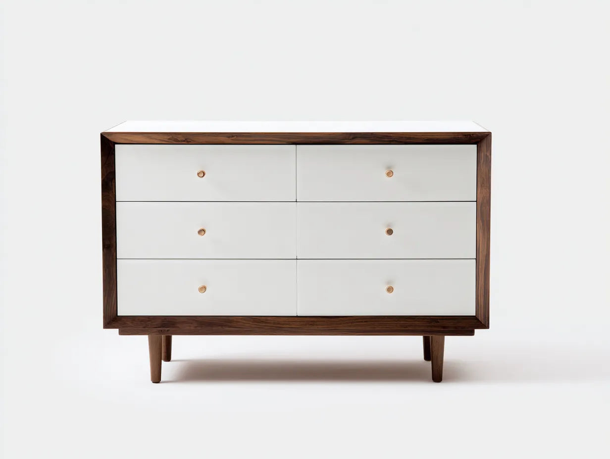 Kommode 120x42x82 cm - Weiß und Nussbaumoptik - 6 Schubladen - modernes Design für das Schlafzimmer