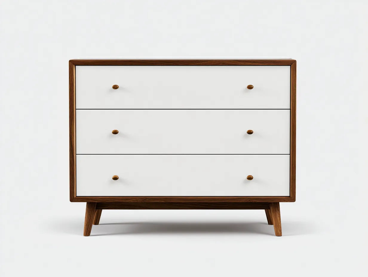 Kommode 100x42x80 cm - Weiß und Nussbaumoptik - 3 Schubladen - modernes Design für das Schlafzimmer